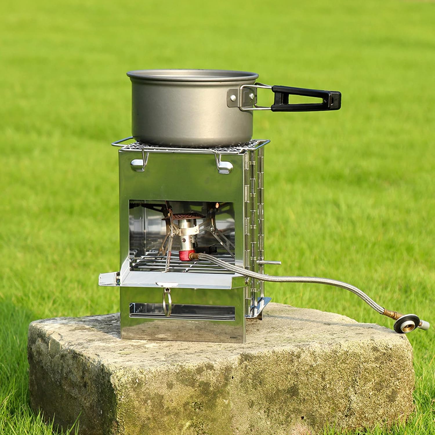 Integrated Folding Firewood Stove, Outdoor Camping BBQ Grill, Stainless Steel Plug Pin Type Wood Burning Stove with Grill Top for Backpacking and Picnics