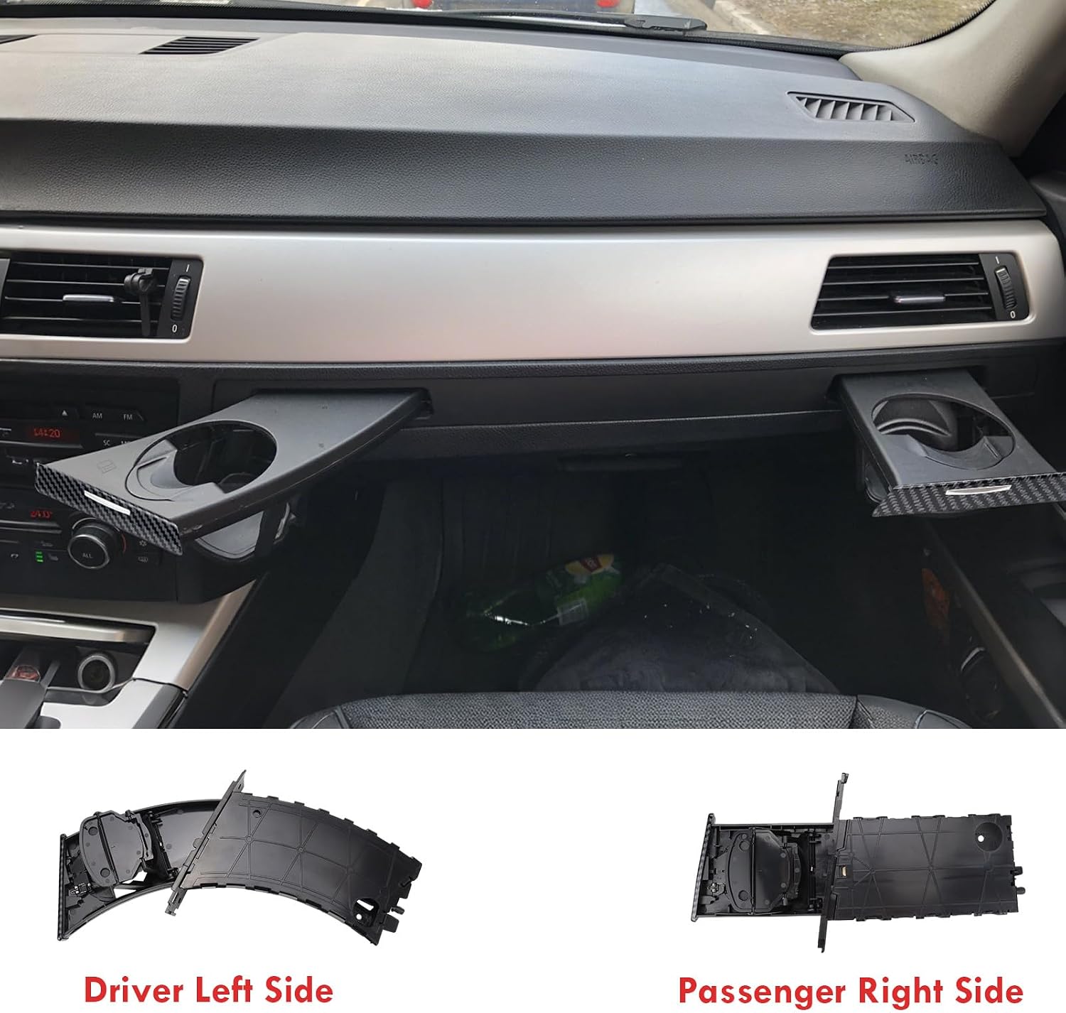 3Pcs Carbon Fiber Cup Holder Trim Driver & Passenger Side Retractable Set