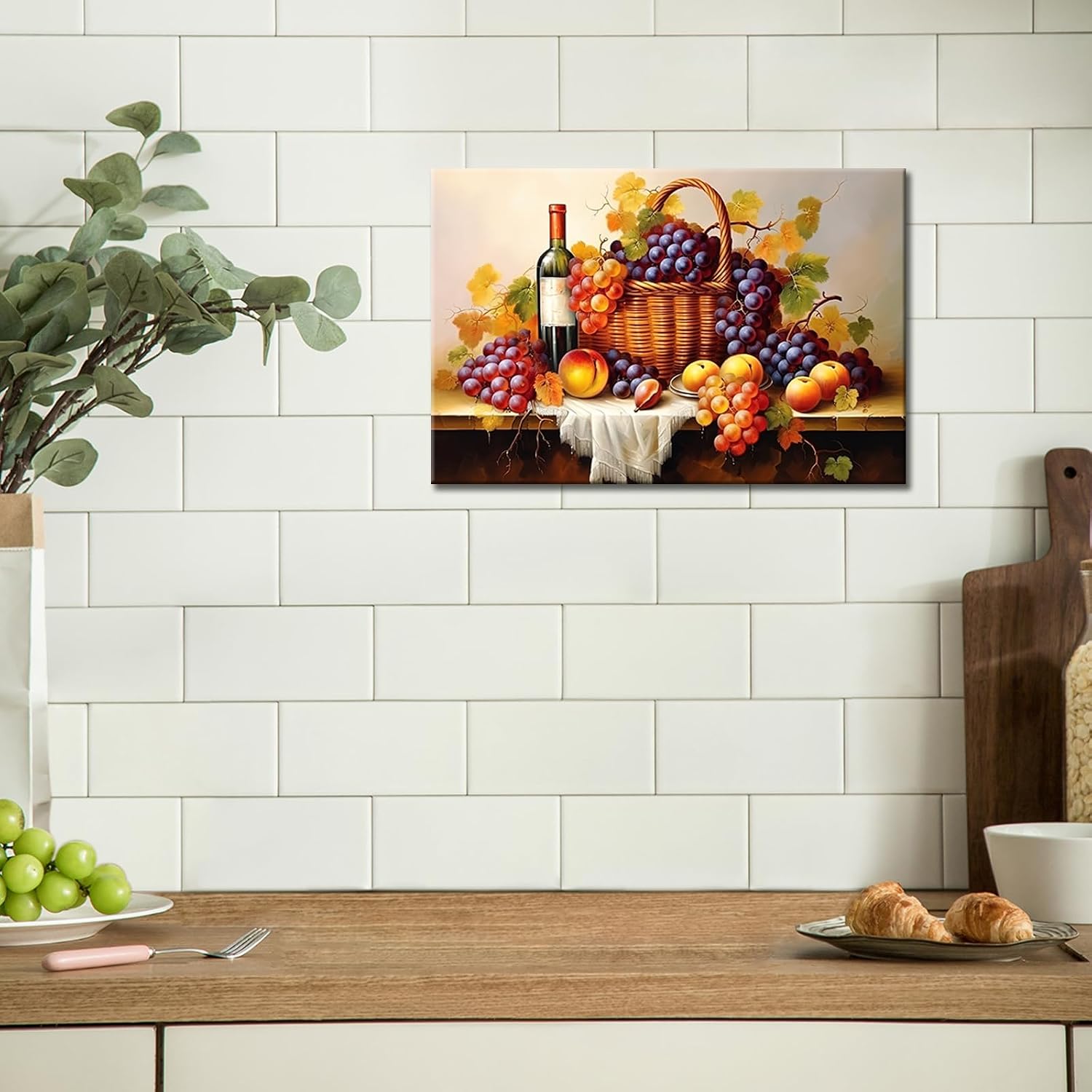 Kitchen Still Life Canvas Wall Art Vintage Theme Wine with Grapes Picture Prints Wall Decor Farmhouse Rustic Fruit Painting Framed for Dinning Room Bar Decor