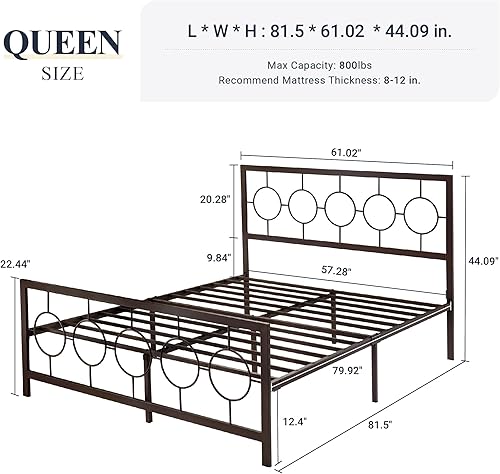 Miniatura 2 de Allewie Marco de cama de plataforma de metal tamaño Queen con cabecera de estilo moderno y vintage, no necesita somier, fácil montaje, sin ruido en