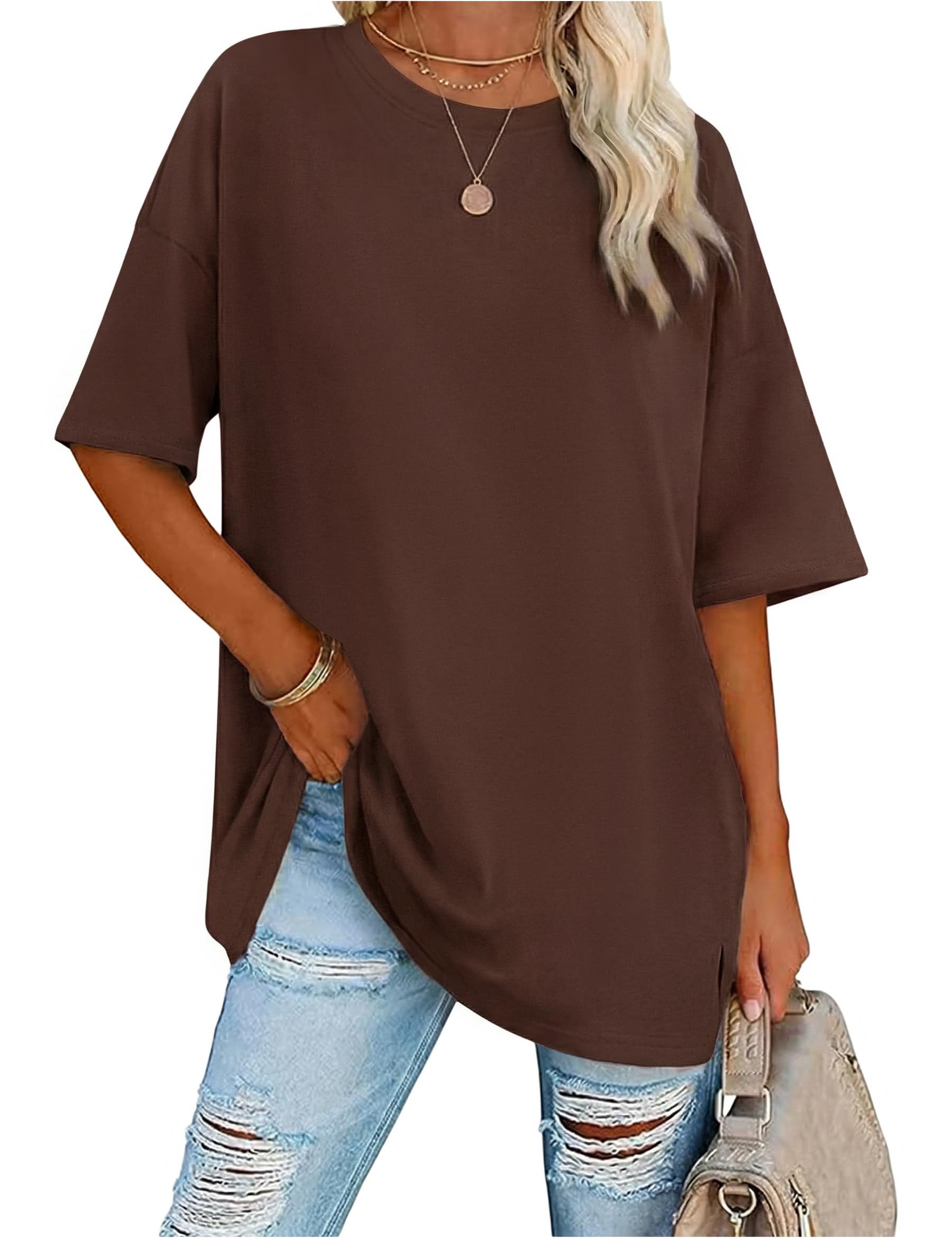 Demegimi Damen T-Shirt Oversize Rundhals Kurzarm Longshirt Sommer Locker Casual Basic Oberteil