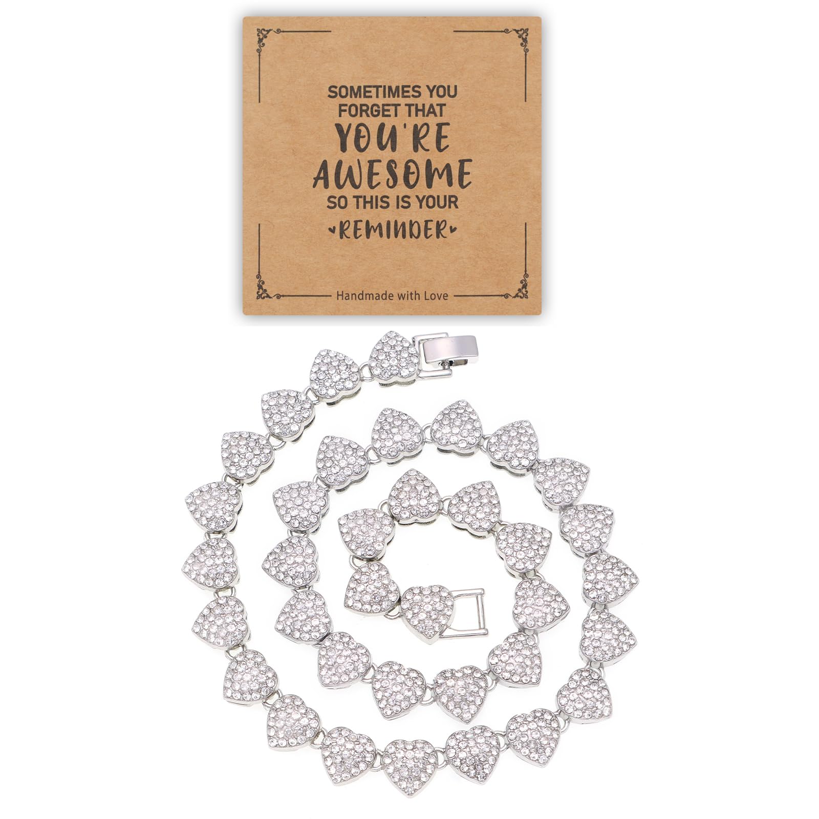 fasone Rhinestone Hearts Necklace, Iced Out Hearts Jewelry，Silver Tennis Necklace For Women，Tennis Necklaces For Women, Heart Tennis Necklace