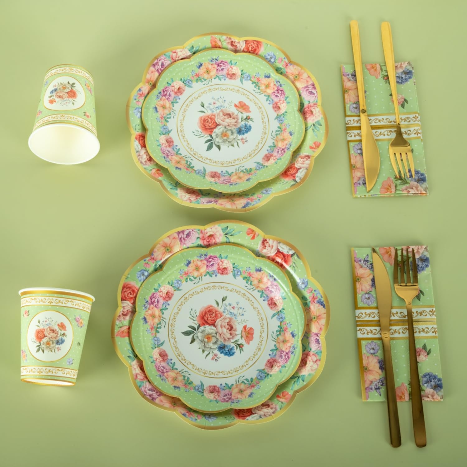 Set da tavola vintage per 30 ospiti, piatti di carta, tovaglioli e tazze da tè, motivo floreale verde, stoviglie di carta in stile britannico classico per giardino, tè pomeridiano, baby shower