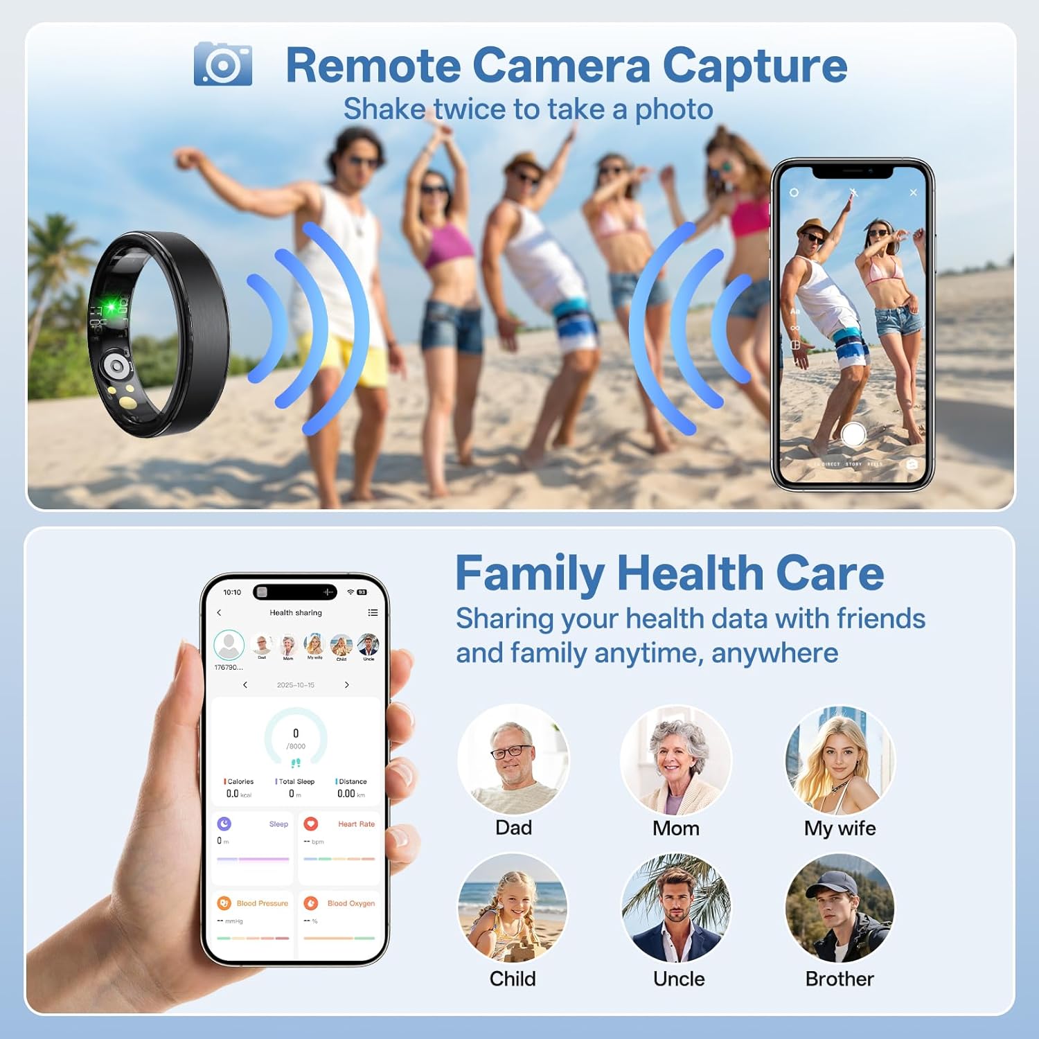 Smart Ring for Women Men, Health Fitness Tracker Ring with Heart Rate/Sleep Tracker/Blood Oxygen/HRV/Stress/Calorie/Steps, IP68 Waterproof for iOS & Android, No APP Fees(Black,8#)