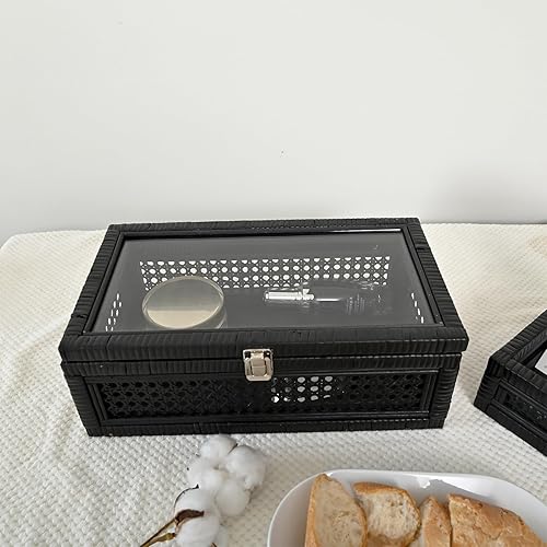 Miniatura 4 de Cajas de almacenamiento decorativas de caña y ratán con tapas, elegante juego de 2, cajas apilables con parte superior de vidrio, dije rústico hecho