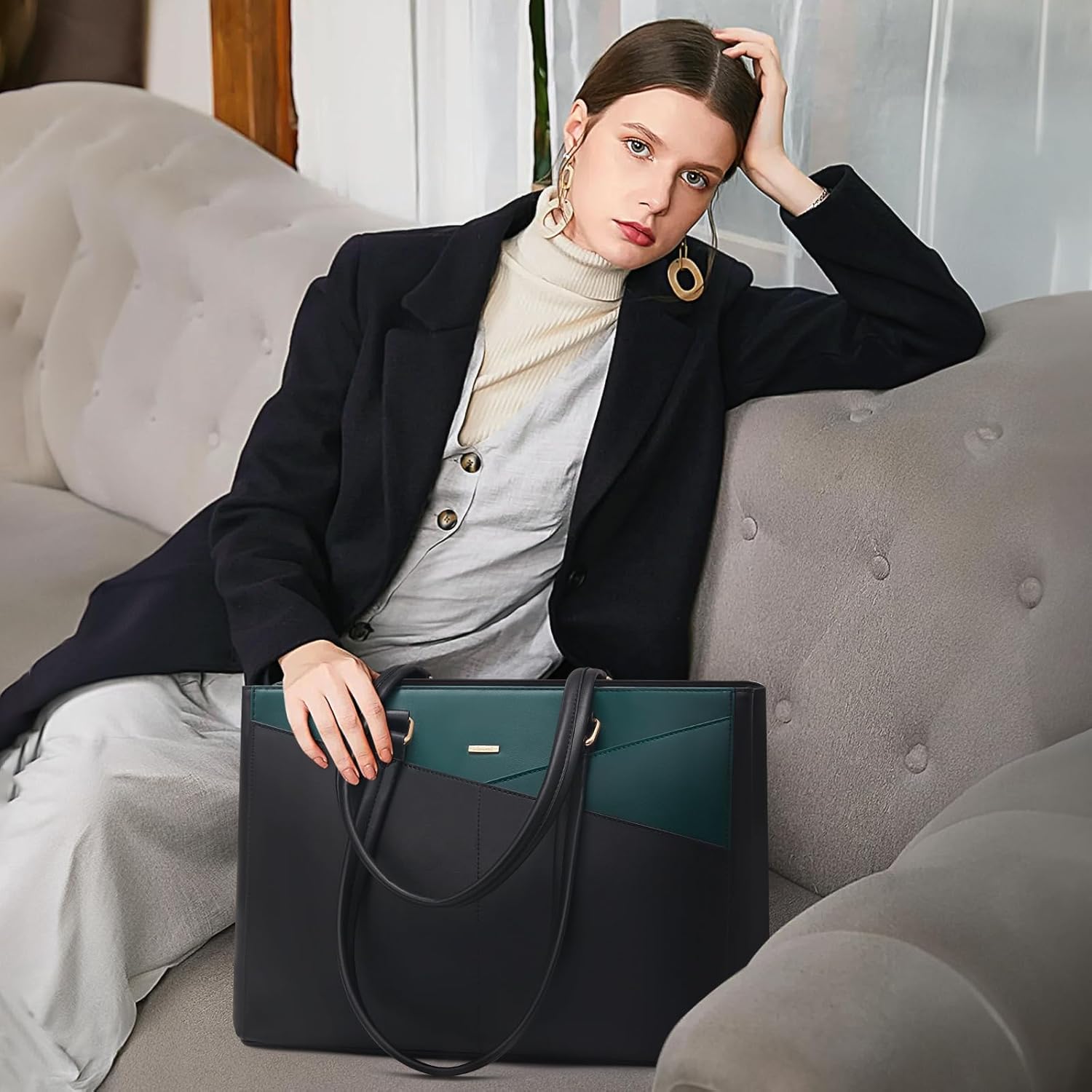 LOVEVOOK Laptop Bag for Women 15.6 Inch Tote Bags Waterproof Leather Briefcase Computer Women Business Office Work Bag,Black/Green - Image 2