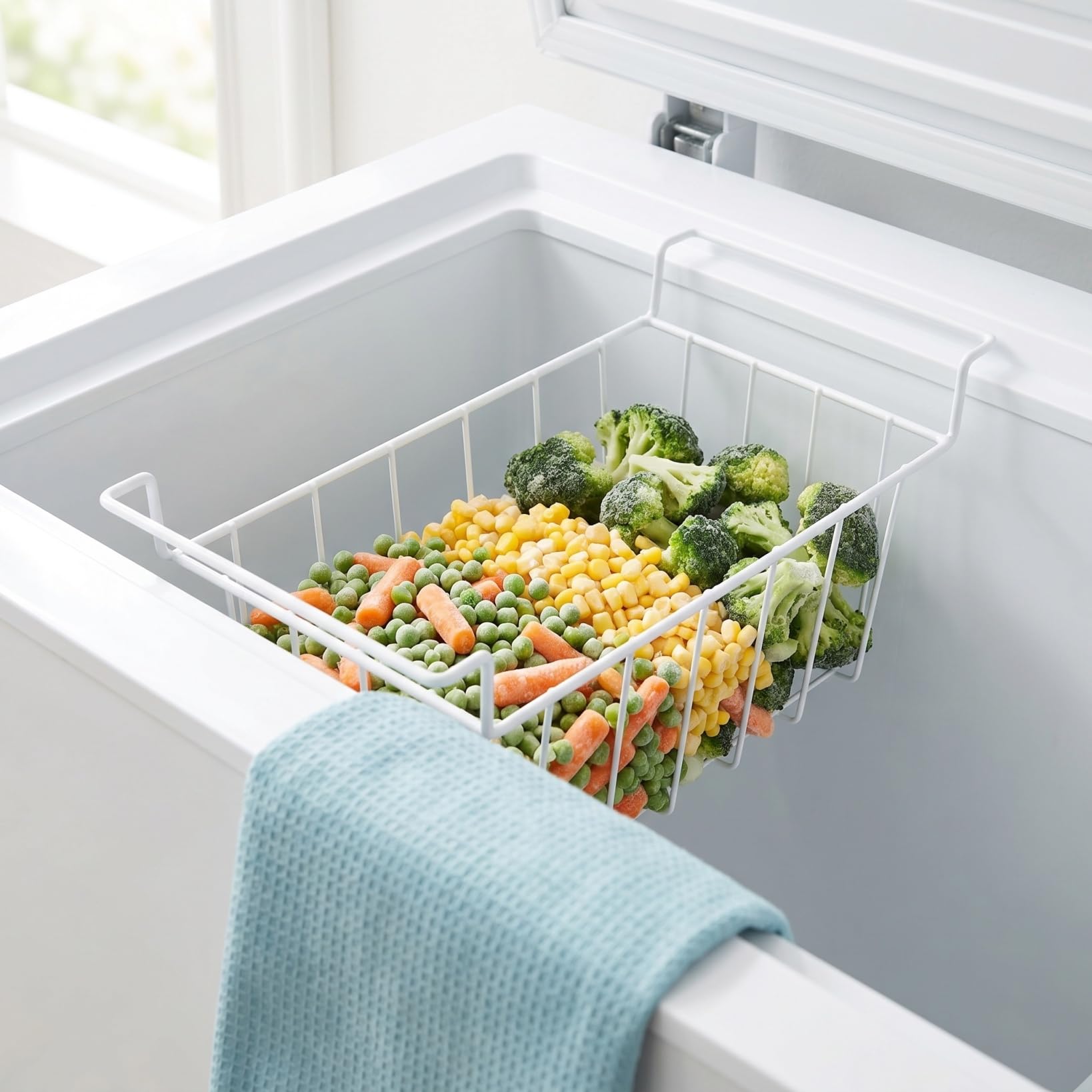 ULTECHNOVO Cesta para Congelador Horizontal 45x22x20 cm Organizador de Alambre Engrosado Rejilla Colgante de Almacenamiento para Arcón Congelador y Nevera Accesorios de Cocina y Comercio Blanco