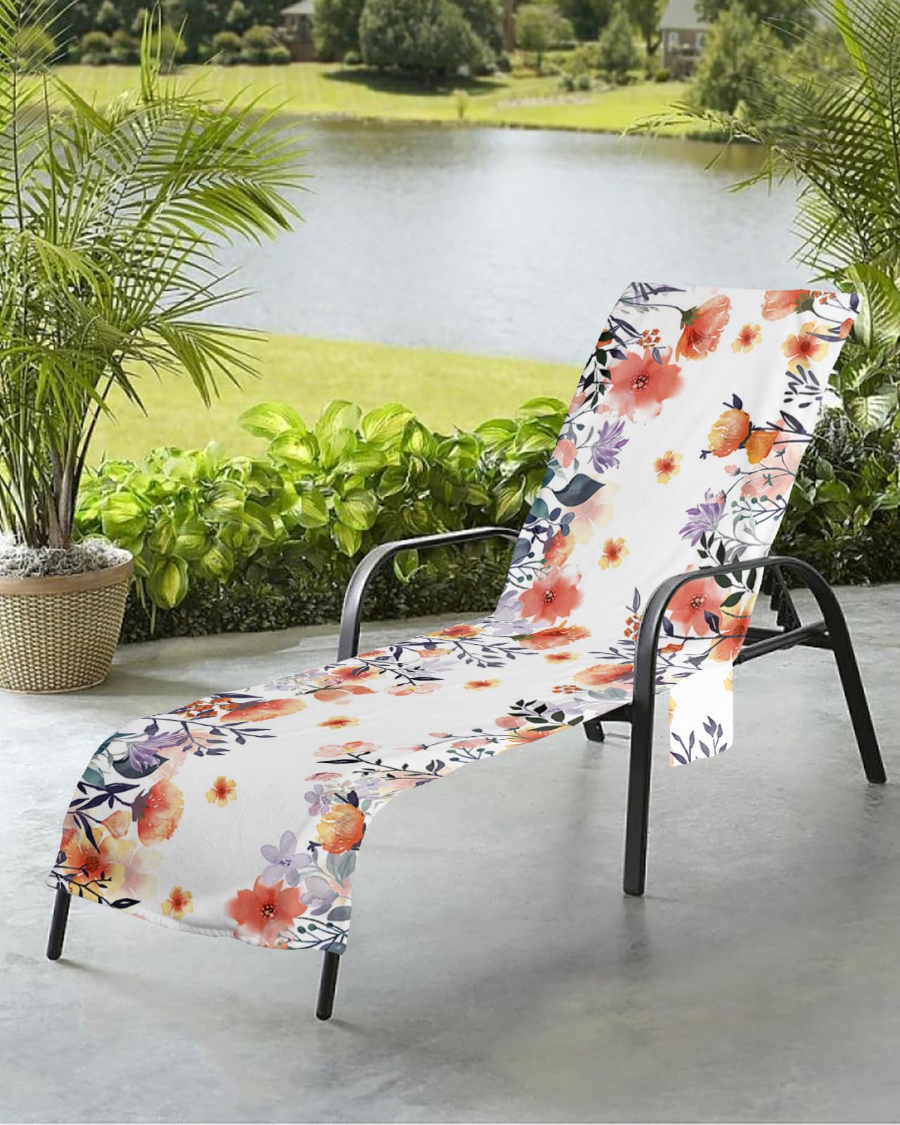 Leaves Flower Beach Chair Towel Covers for Chaise Lounge with Side Pocket, Soft Plush Pool Towels Cover for Patio Sunbathing Outdoor 29''x85'' Watercolor Floral Botanical Orange