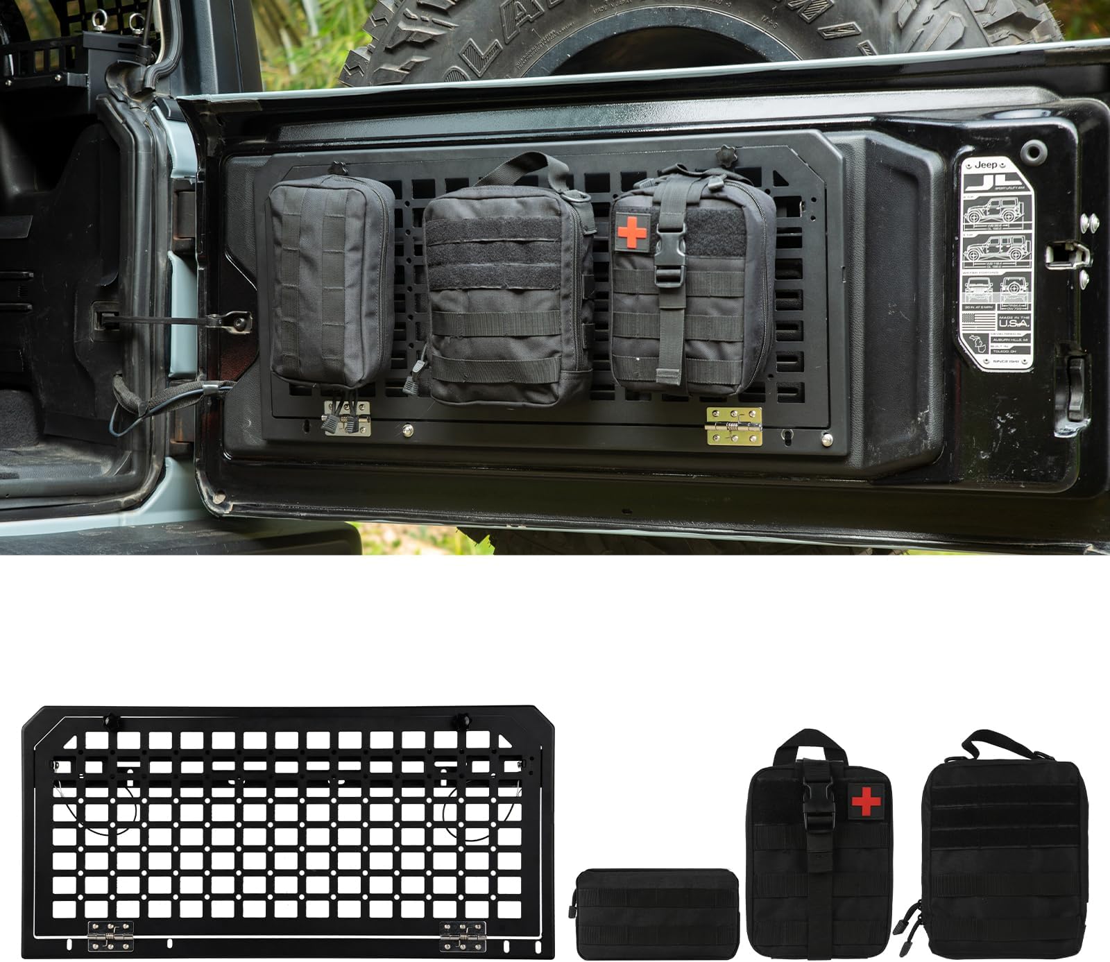Tailgate Table Rear Storage Cargo Rack with 3 Storage Bags,Foldable Storage Shelf MOLLE Panel for 2007-2024 Jeep Wrangler JKU &JL JLU 4 Door
