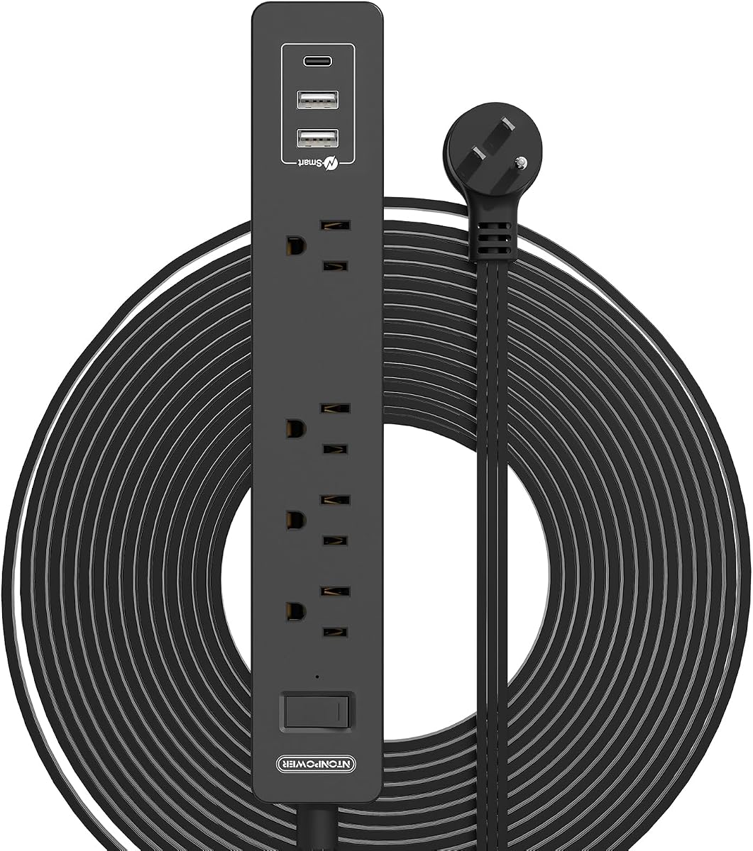 Flat Extension Cord 15 Ft, NTONPOWER Ultra Thin Flat Extension Cord Under Carpet, Rug, Door, Wall Mount Power Strip Flat Plug with 4 Outlets 3 USB(1 USB-C), Overload Protection for Home Office, Black