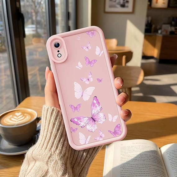 iPhone XRケース、クリエイティブな花柄デザイン女の子女性液体シリコンカバー、厚いフレーム耐衝撃性と耐傷性ソフトケースiPhone XR用-バタフライピンク