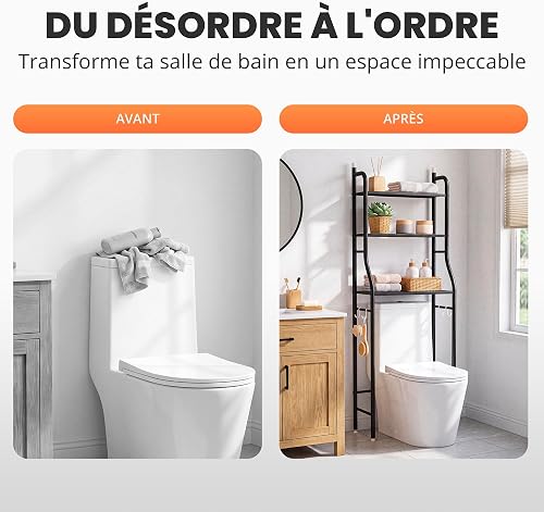 JUPPLIES Mobile Sopra WC Bagno 3 Ripiani Salvaspazio – Scaffale Sopra Toilette Metallo 47x26x153cm | Piedi Regolabili | Supporto Anti-Ribaltamento | Mobiletto Sopra WC Moderno (Nero) - 5