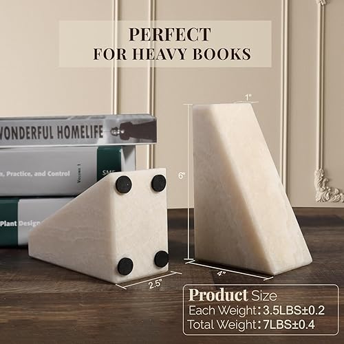 Miniatura 2 de Koville Sujetalibros de mármol para estantes, sujetalibros grandes para libros pesados, antideslizantes, 7 libras, extremos de libros de piedra para