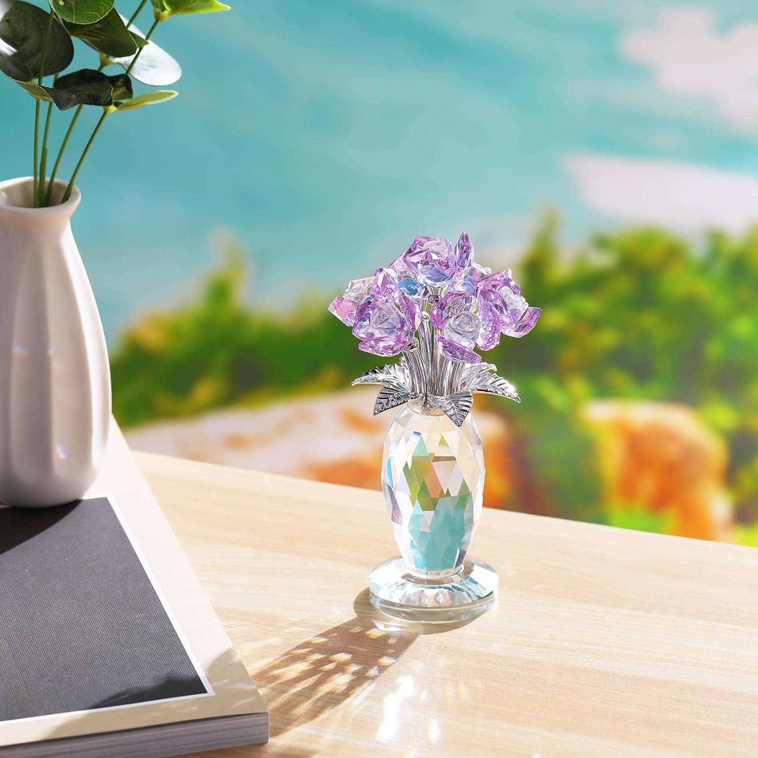 Crystal Purple Rose Bouquet Figurines Gifts for Women Romantic Flowers Ornament for Home Decor Anniversary Birthday Valentine's Day Presents for Girlfriend Wife Partner - Image 5