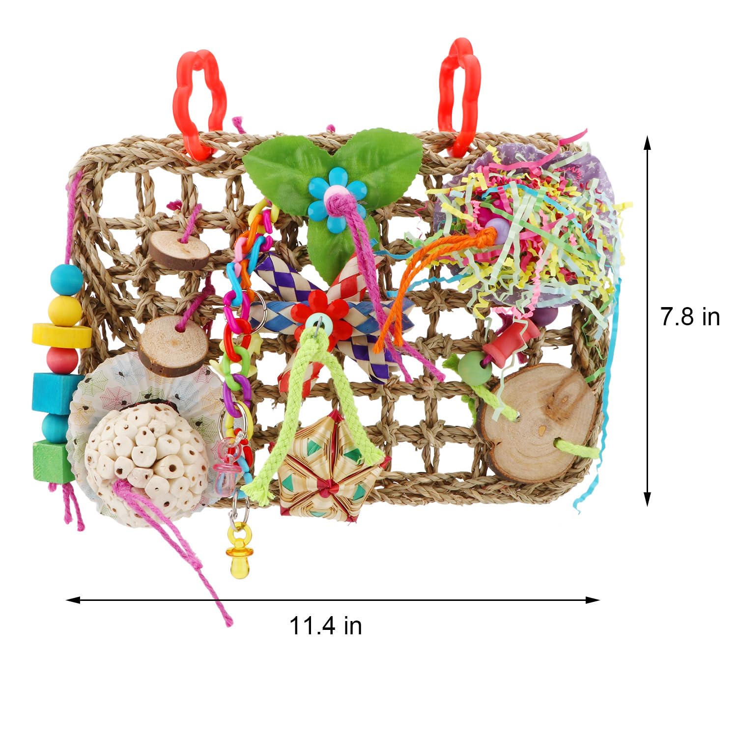 Hypeety Bird Toys Parrot Foraging Toys Bird Chew Toys Parakeet Shredding Seagrass Climbing Mat with Various Toys for Conure, Cockatiel, Lovebird, Parakeet, Budgie (M(Solla Ball))