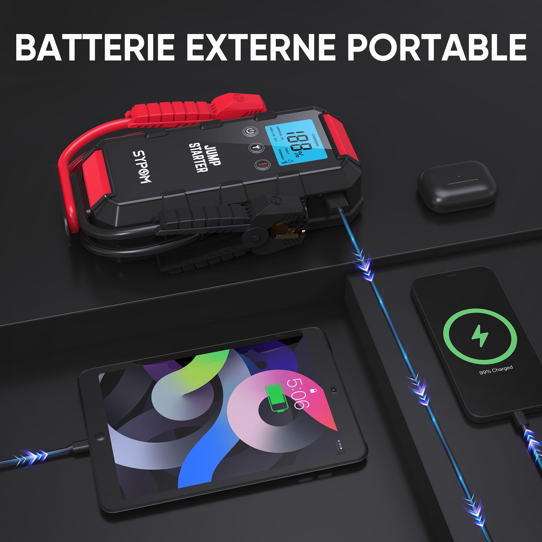 Démarreur de batterie automatique 6 000 A, démarreur d'urgence (jusqu'au gaz et 12 L diesel), 12 V, lampe de poche LED, booster de démarrage