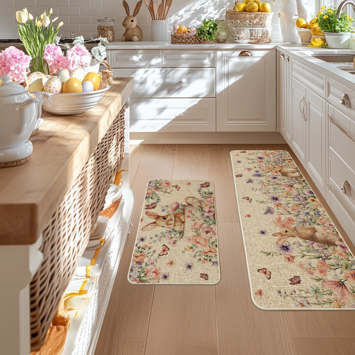 Artoid Mode Rabbit Bunny Butterfly Flowers Cup Eggs Easter Kitchen Mats Set of 2, Spring Home Decor Kitchen Rugs for Floor - 17x29 and 17x47 Inch
