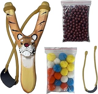 Wooden Slingshot for Kids with Tiger Design, Colorful Pom - Poms & Ammo Balls