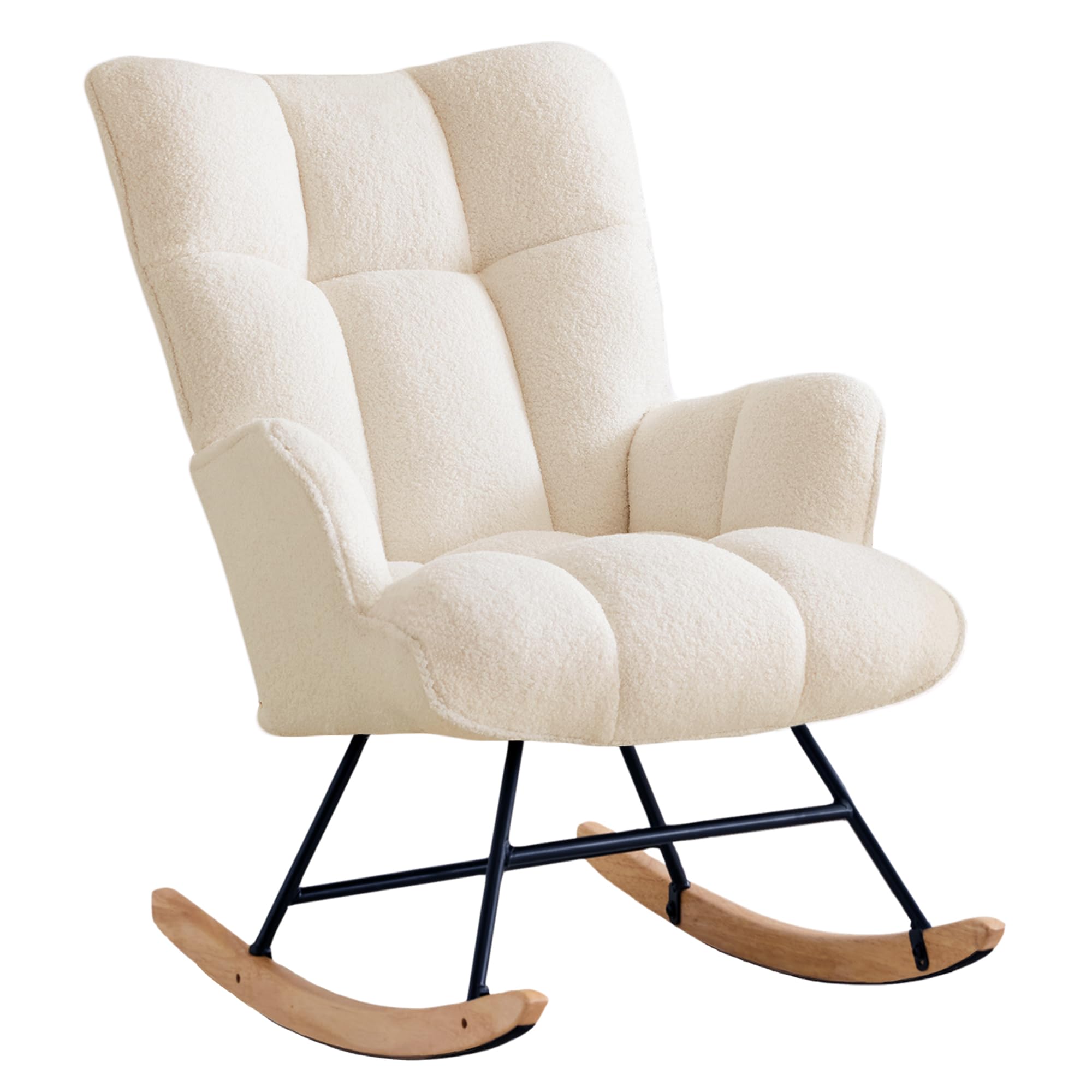 Silla Mecedora Teddy Lactancia & Relax, Tela Peluche Acolchada, Estructura de Acero, Patas de Madera de Caucho, para Salón, Dormitorio y Habitación de Bebé(Marfil Teddy)
