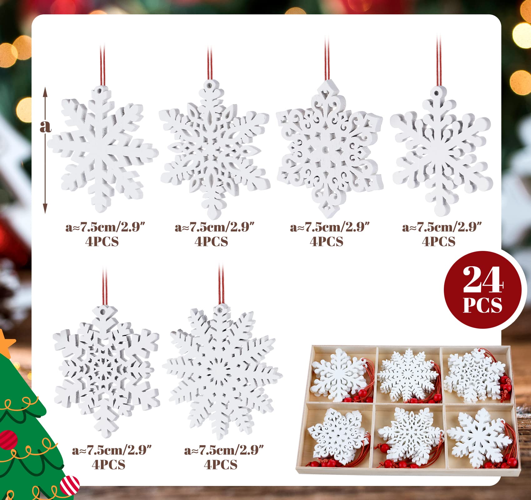 Lot De 32 Flocons De Neige En Bois Pour Noël - 4 Styles, 7.5 Cm, Blanc, Avec Ficelle Pour Décorer Sapin, Couronne Ou Cheminée - 10