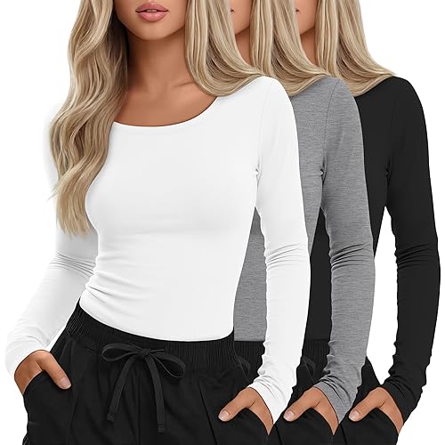 3 Pack Women's Under Scrub Shirts Long Sleeve Crew Neck Slim Fit Tees Basic Casual Soft Undershirts for Nurse