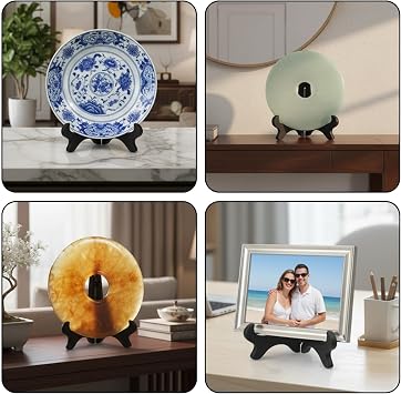 4PCS Plastic Plate Stands, 4 Inch Decorative Picture Holder for Displaying, Black Wood-like Easels for Sign, Cookbook, Now Playing Vinyl Record, Recipe Book