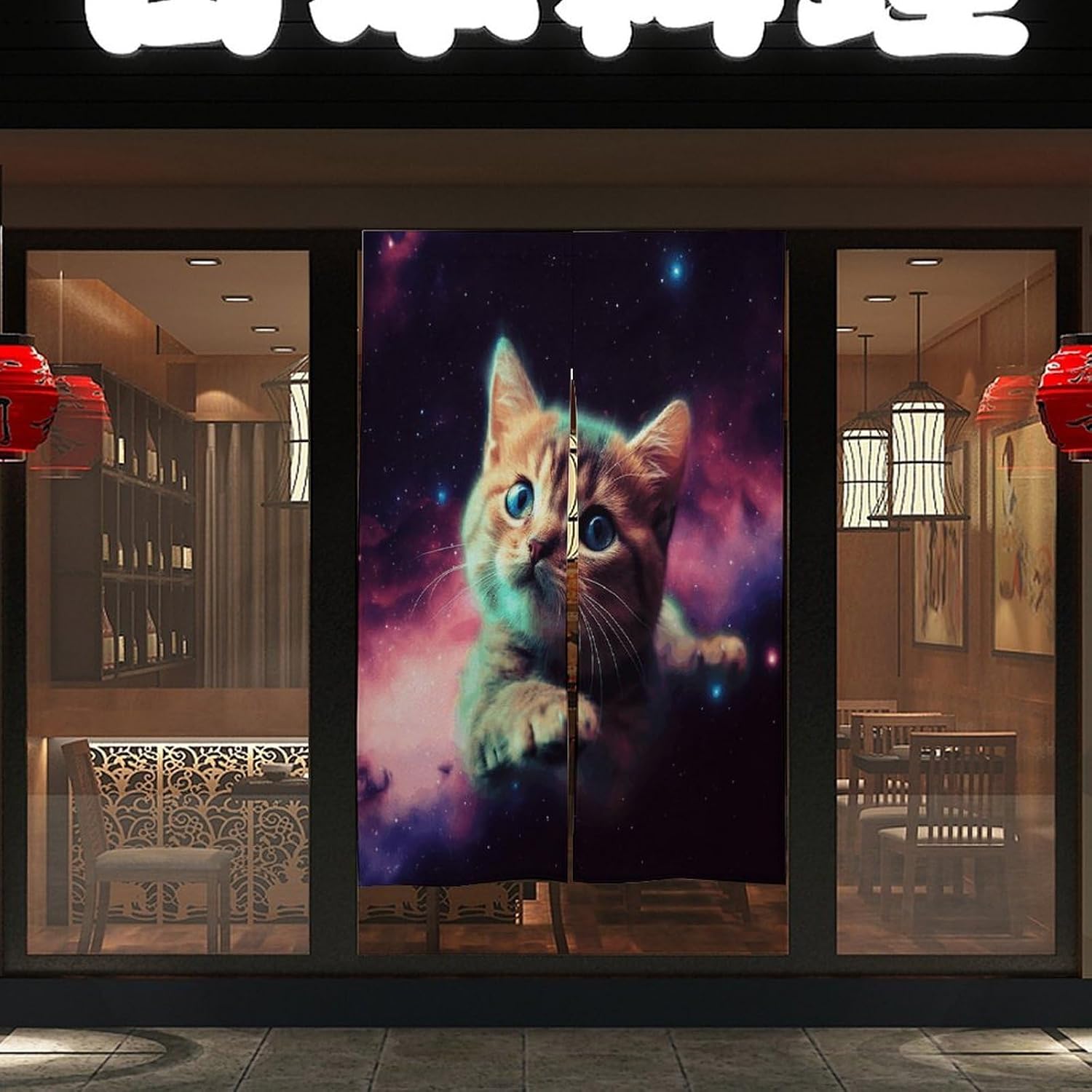 Galaxy Cat Baby Door Curtain Thermal Insulating Soft Window Curtains Splice White Hemp Drape with 2 Panels Cold Blocking Vertical Drapes for Bedroom Living Room