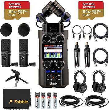 Zoom H5 Studio Handy Recorder Bundle with 2 ZDM-1 Podcast Mic Packs Dynamic Mics, Headphones, Windscreens, XLR Cables, Stands, 64GB SD Cards, AA Batteries & Tripod Grip