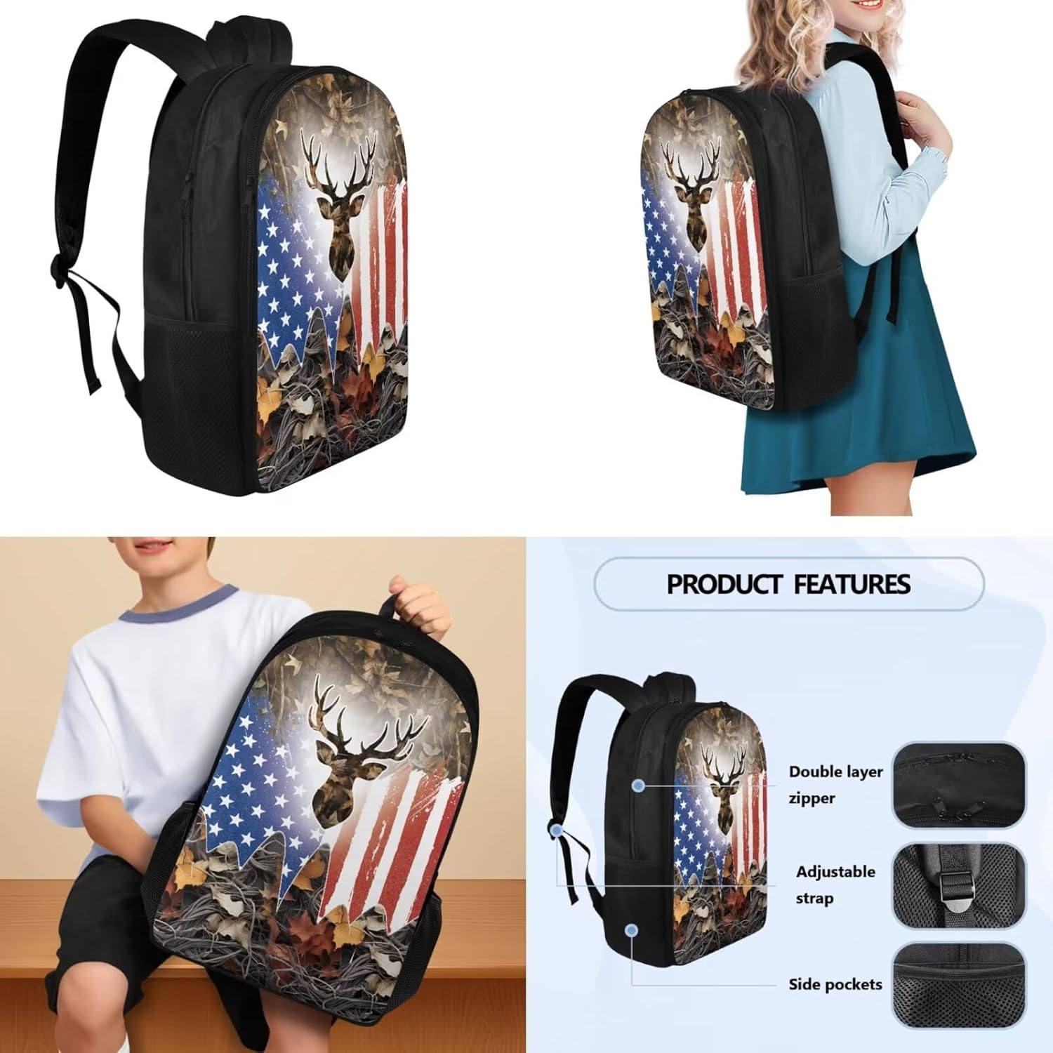 School Backpack 4 Pcs Set Include Insulated Lunch Bag and Pencil Box and Water Bottle Bag, School Bookbag Outdoor Travel Bags Casual Daypack for Teens Kids, American Flag Deer Branch