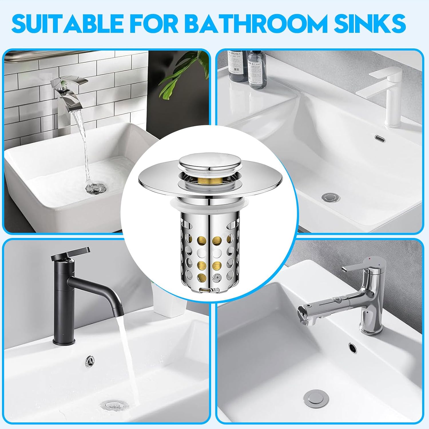 Bathroom Sink Drain Strainer, Pop Up Sink Drain Filter with Removable Stainless Steel Filter Basket Hair Catcher,for 1.25-1.5 Inch Bullet Core Push Type Basin Pop Up Drain Filter (2pack, Silvery)
