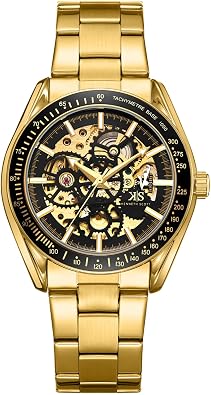 Kenneth Scott Mens Mechanical Casual Watch | Black Dial, Gold Case & Strap, 43mm-K22312-GBGB