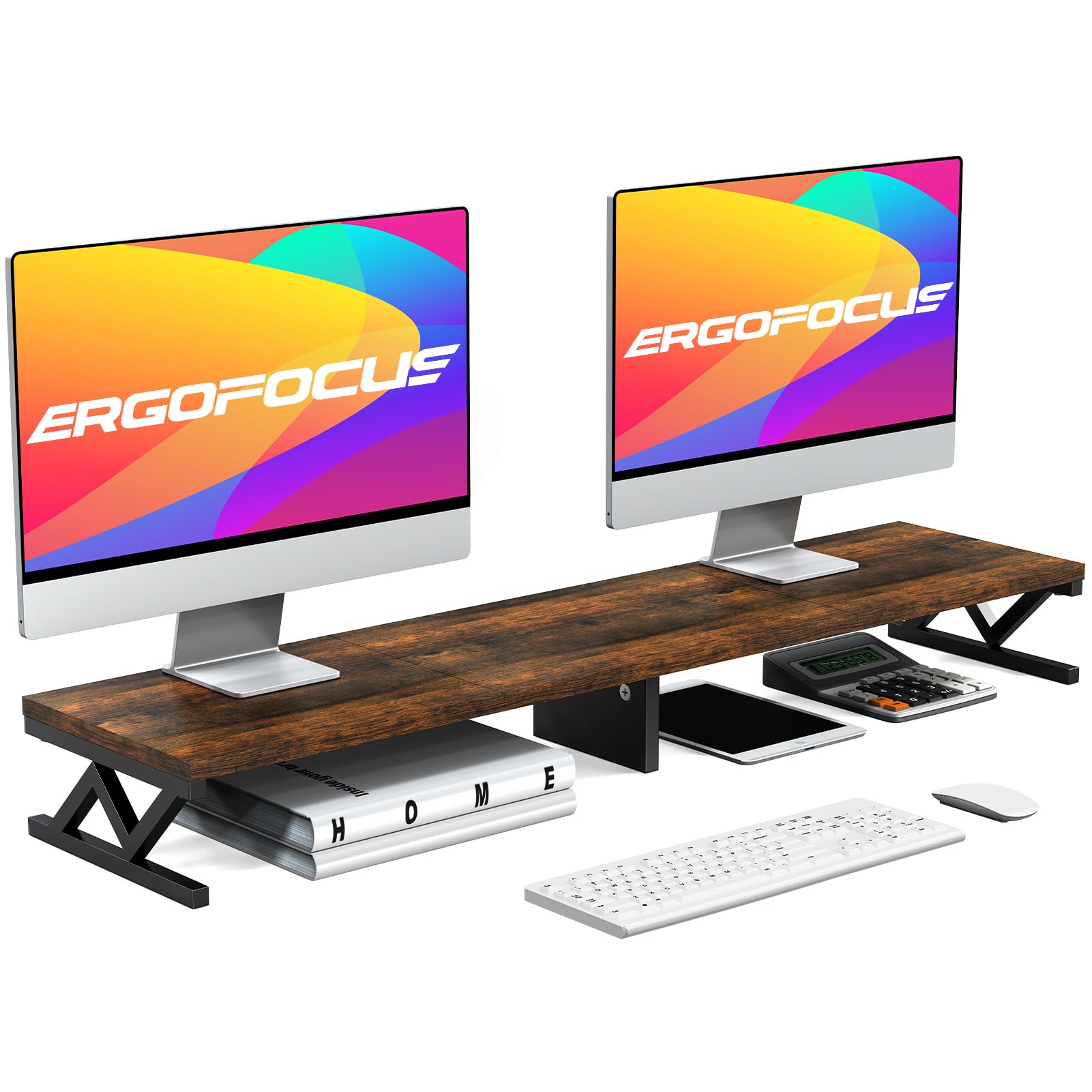 ErgoFocus Dual Monitor Stand Riser, Large Wood Monitor Riser for 2 Monitors, Monitor Lift with Storage for Desk, Sturdy Wood&Steel Multi Screen Stand,