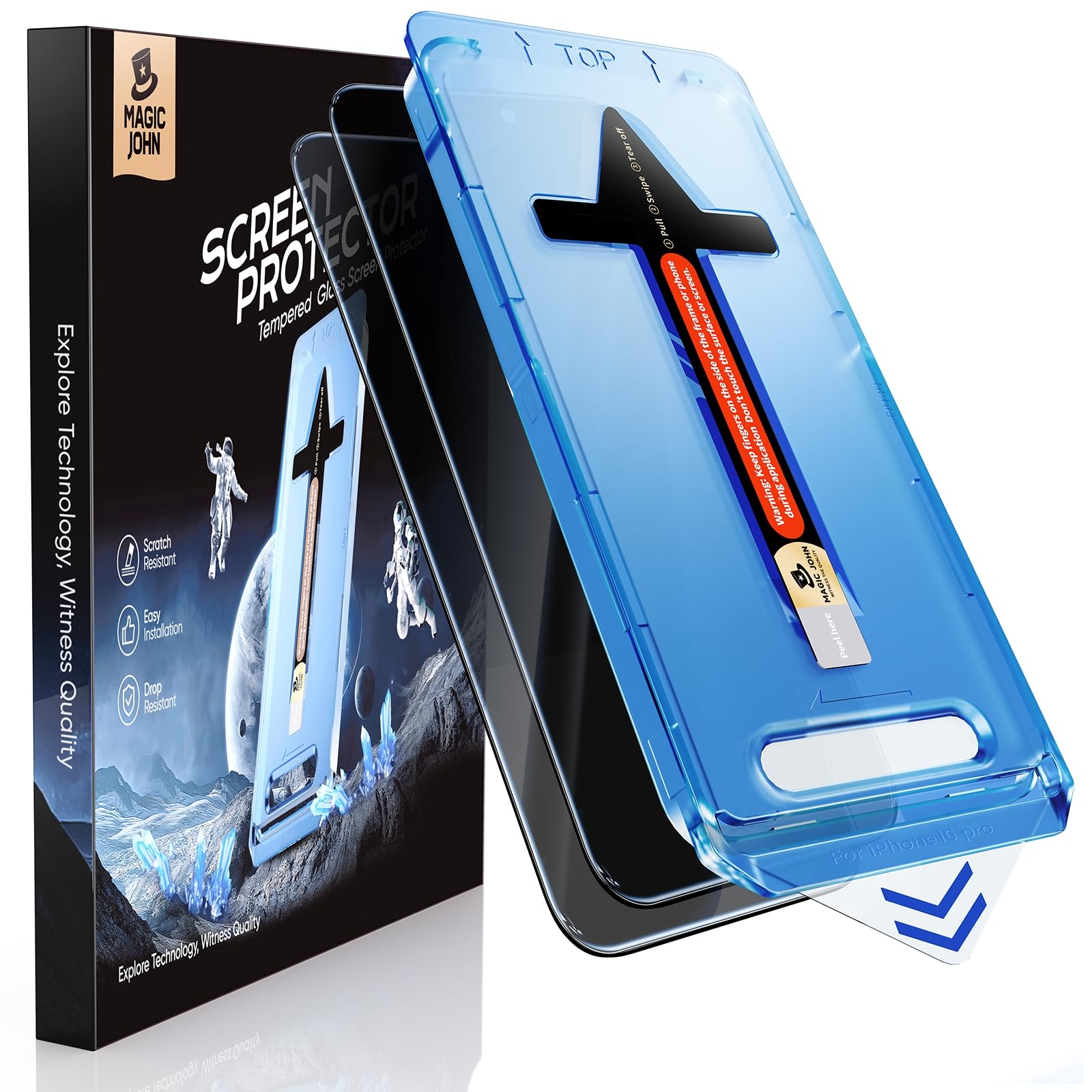 MAGIC JOHN 2 Stück für iPhone 16 Pro für Sichtschutzfolie (6,3 Zoll), 28-Grad-schutzwinkel-Einfaches, Auto-Dust-Eliminierung, 9H, Bläschenfrei, Einfache Installation