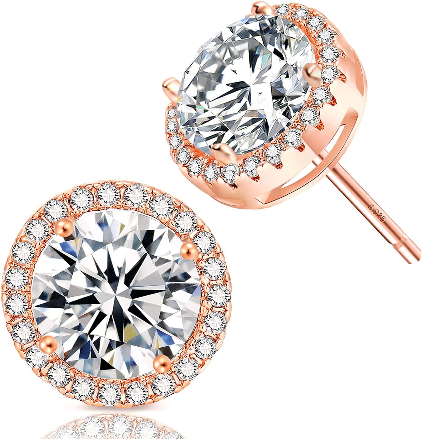 18K Gold Plated Halo Stud Earrings CZ Simulated Diamond Round Earing for Women, Rose Earrings for Man, Sparkle Allure Earrings with Size 0.39inch / 0.27inch, in Rose Gold,White Gold and Yellow Gold
