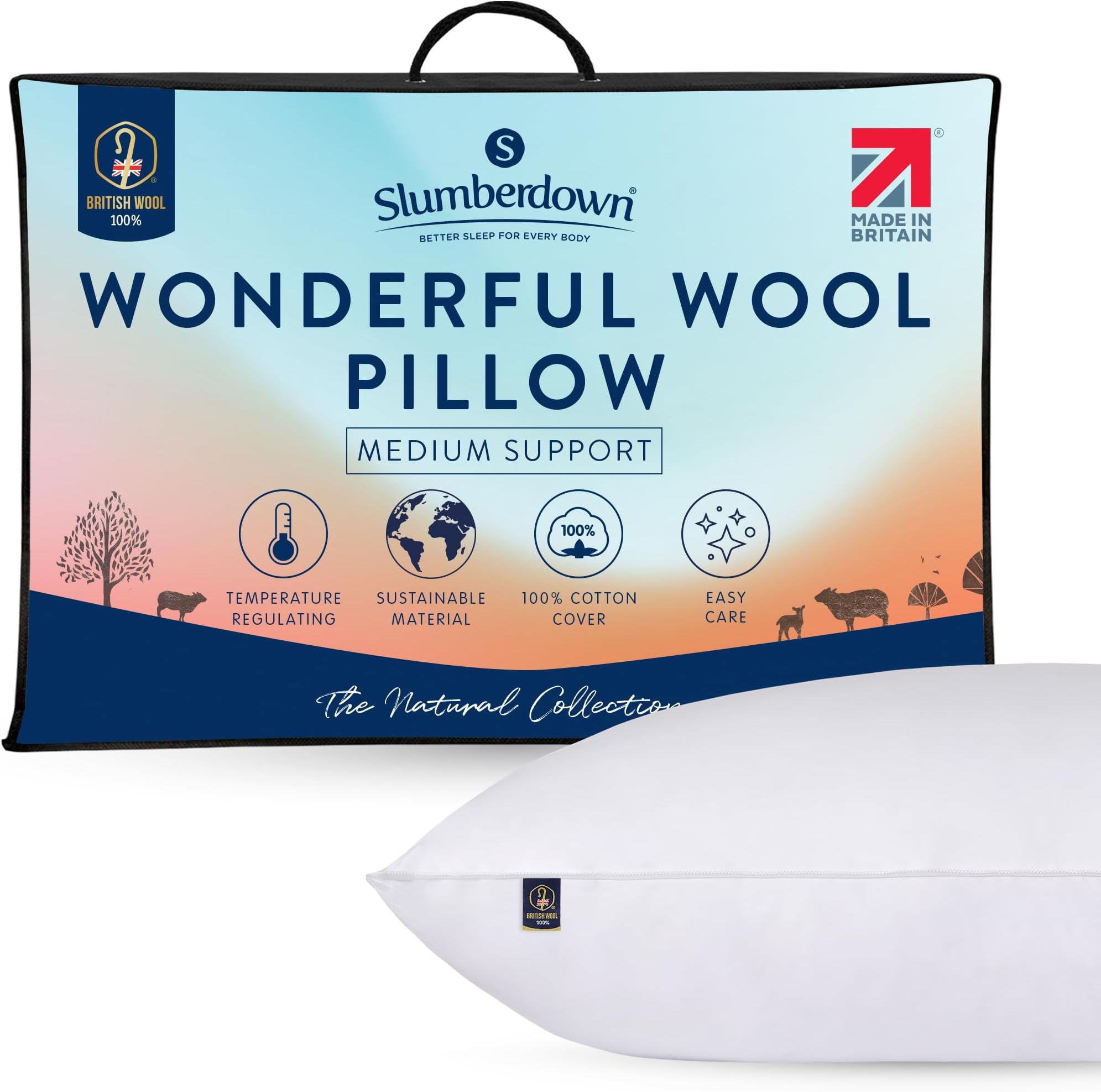 Slumberdown 100% British Wool Pillow 1 Pack - Naturally Cooling & Moisture-Wicking for Hot Sleepers, Luxury Back & Side Sleeper Pillow - Hypoallergenic Cotton Cover, UK-Made (48 x 74cm)