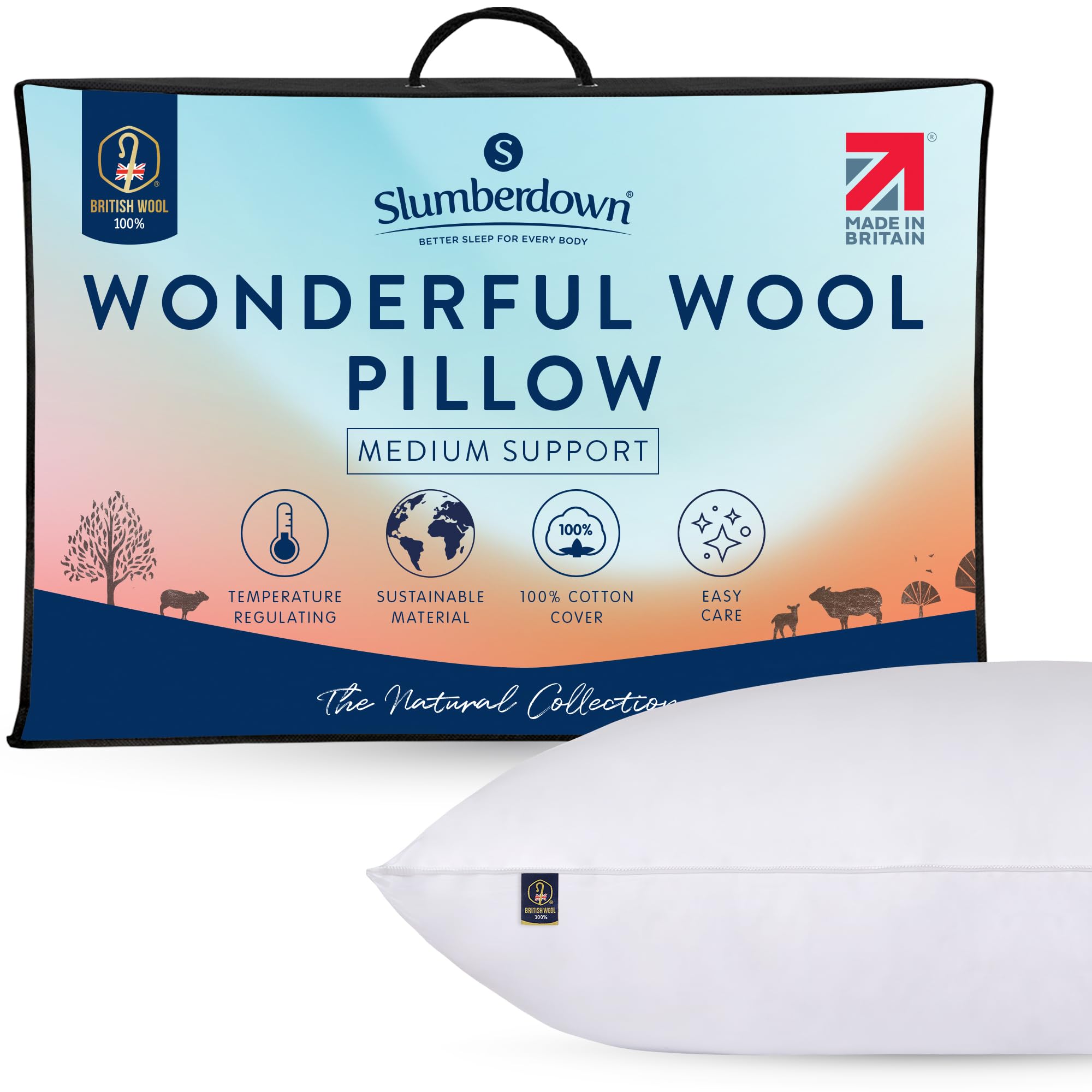 Slumberdown Wonderful Wool Pillow 1 Pack - Medium Support Back Sleeper Pillow for Back Pain Relief - 100% British Wool, Soft Cotton Cover, Hypoallergenic, UK Standard Size (48cm x 74cm)