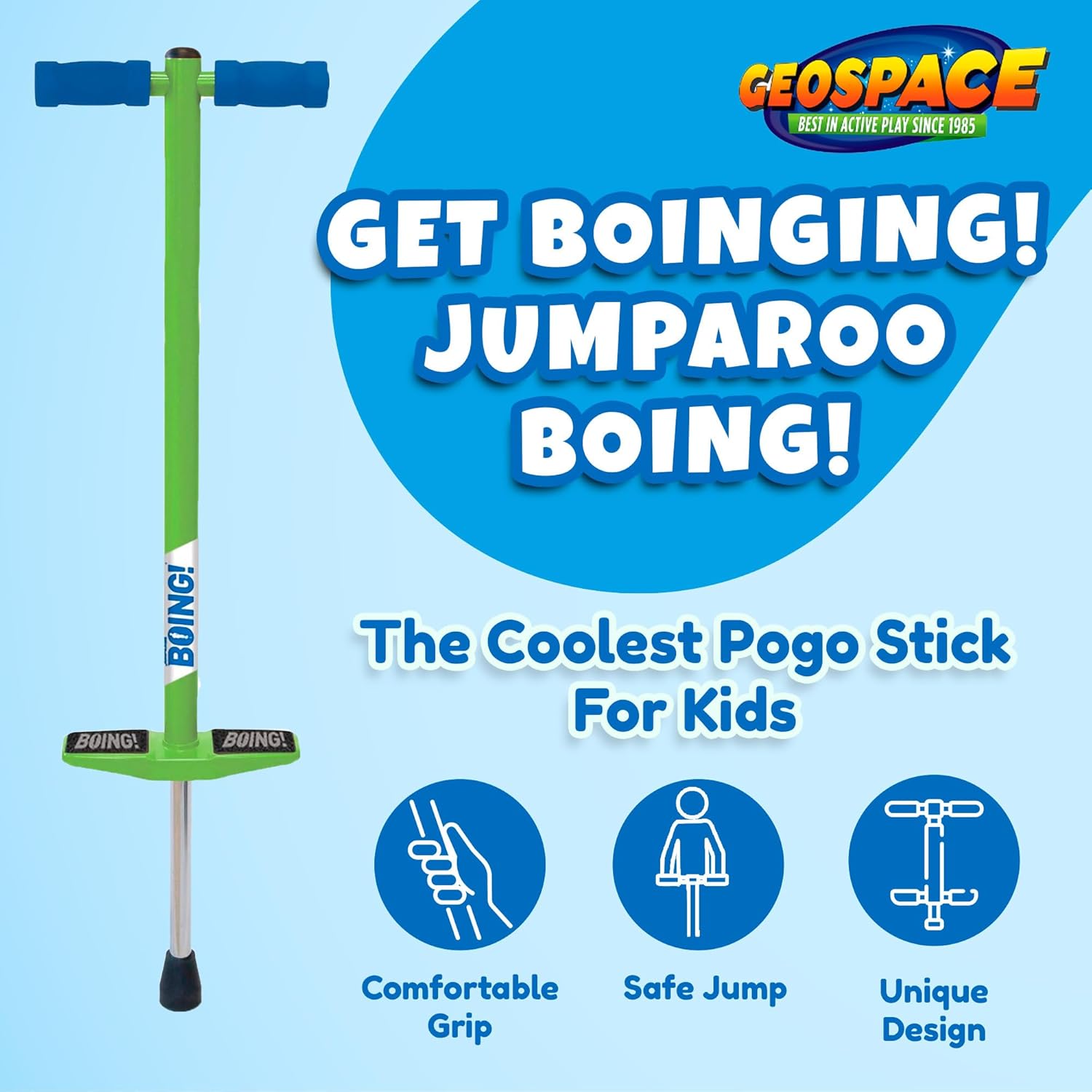 Geospace Jumparoo BOING! JR. Steel POGO STICK by Air Kicks, Small for Kids 50 to 90 Lbs - Active Play Outdoor Fun that Promotes Exercise & Balance Skills (Green)