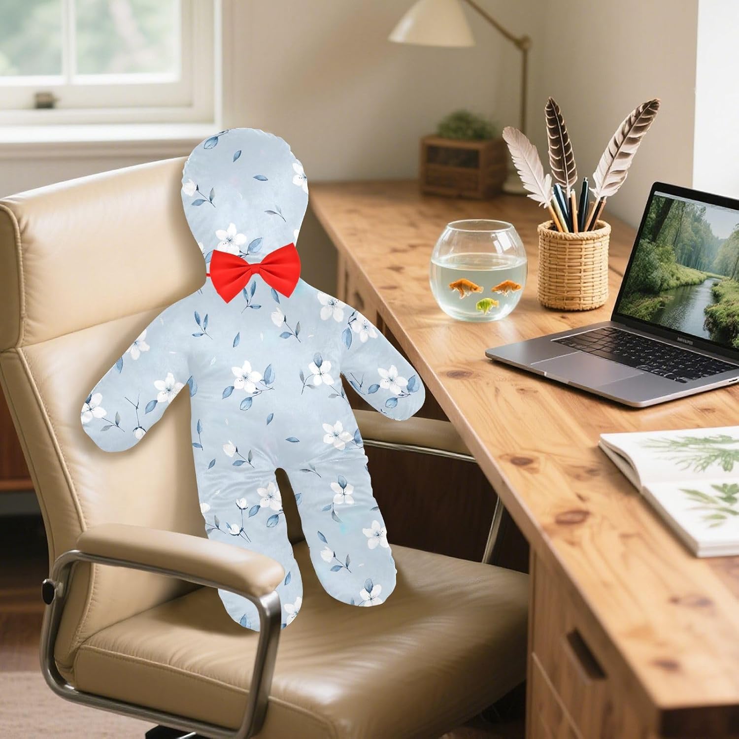 Blue Background with White Flowers Human-Shaped Pillow Soft Body Pillows Washable Velvet Pillows for Anxiety Relief Sleeping Cuddling & Support
