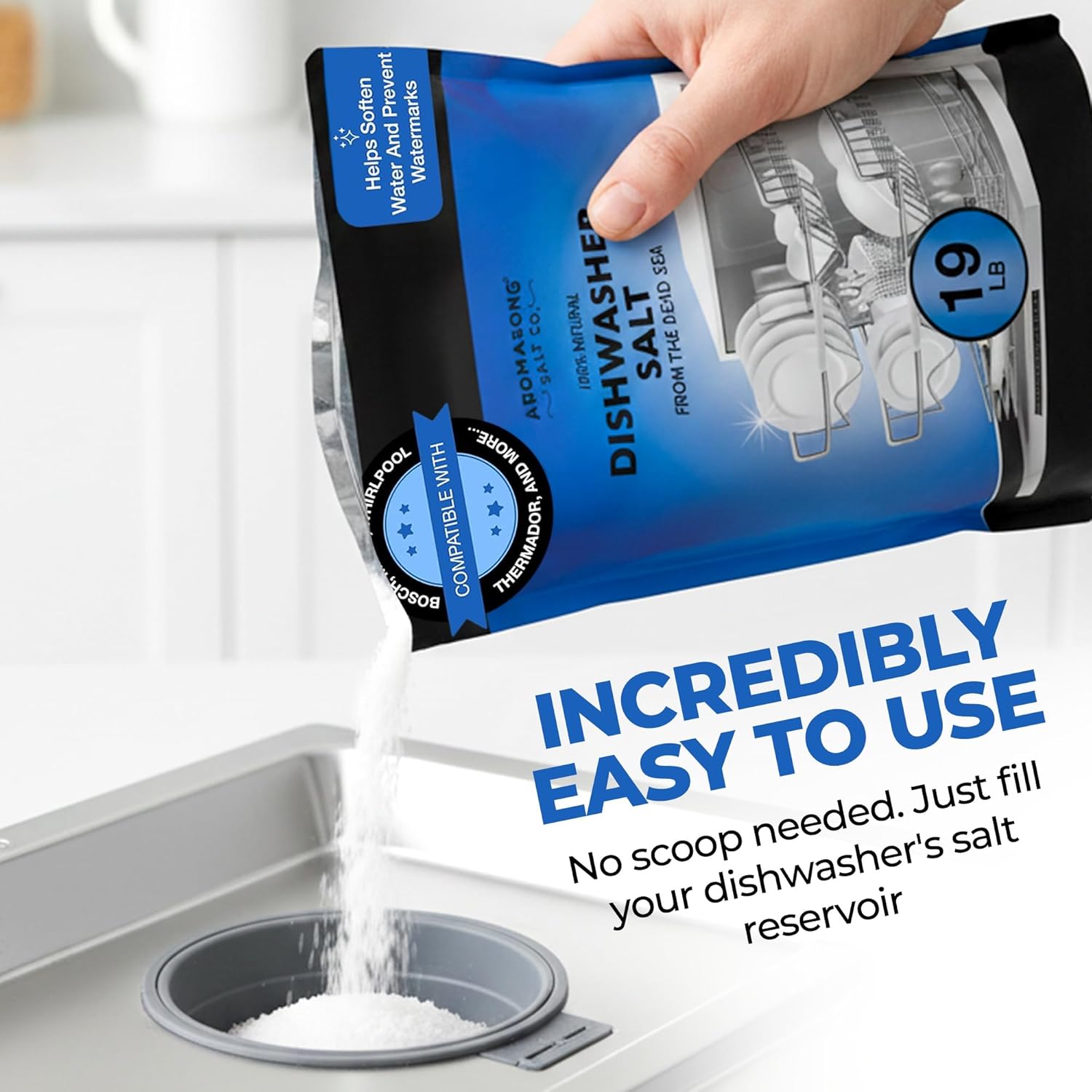 Aromasong Dishwasher Salt 19 LB - 100% Natural Water Softening Agent for Cleaner Dishes & Washer Reactivation Compatible with Bosch, Miele, Whirlpool, Thermador and More (packaging may vary)