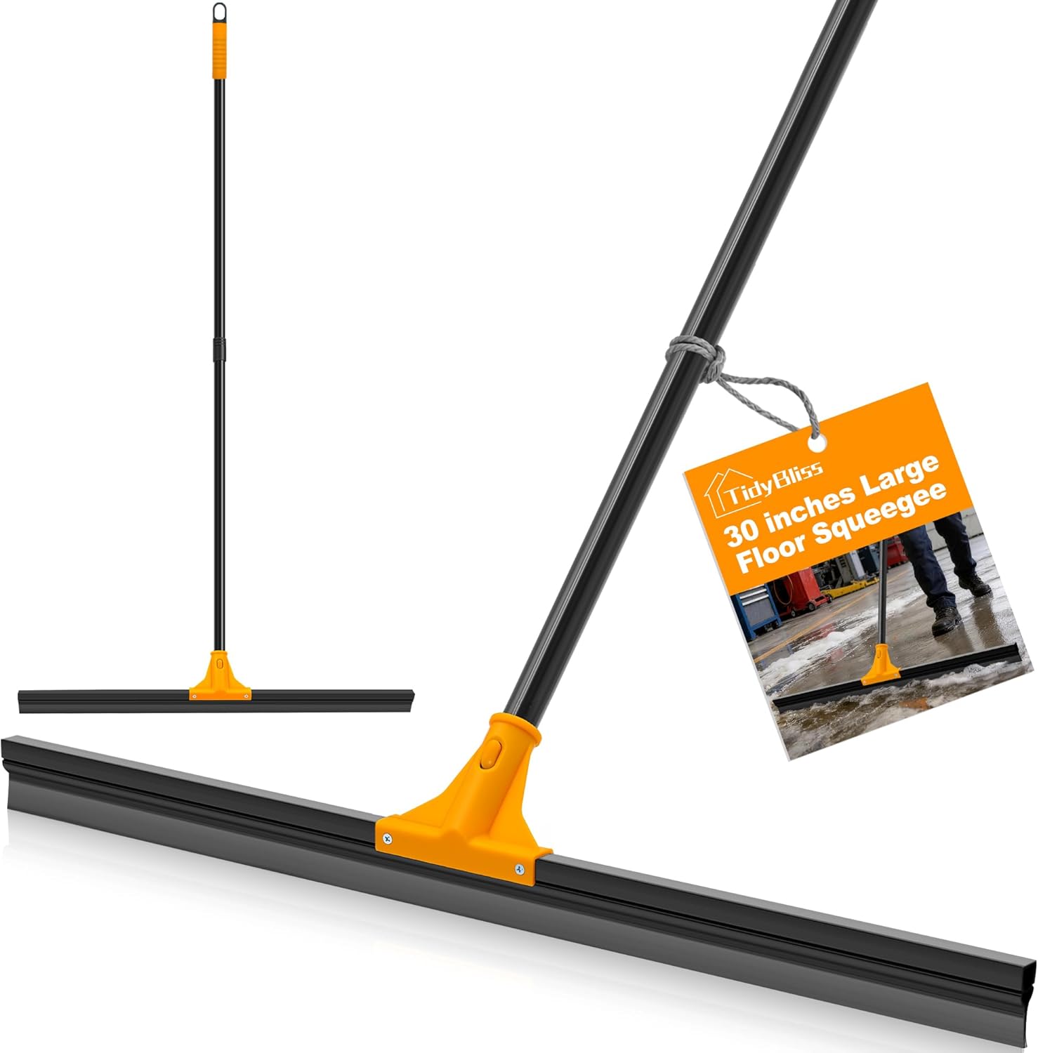 TidyBliss 30” Large Floor Squeegee Broom, Heavy Duty Rubber Foam Water Scraper, Epoxy Wiper Mop with 58.3 inches Long Handle for Cleaning Concrete Pool Rug Garage Deck Shower Window Outdoor (Orange)