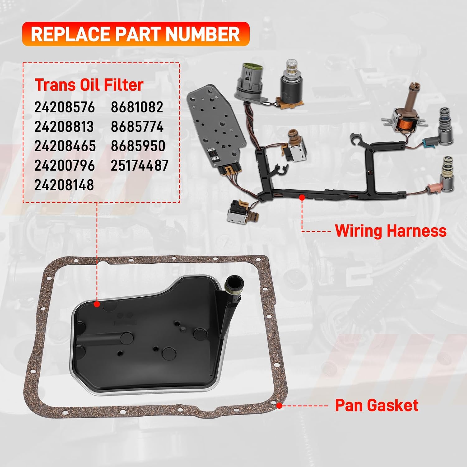 4L60E 4L65E Automatic Transmission Master Solenoid Kit EPC TCC 3-2 PWM w/Harness Filter Gasket Compatible with GM 1993-2002 M30 M32 Replace#24227747 24215111 24230298 8677314 8683187 24208576