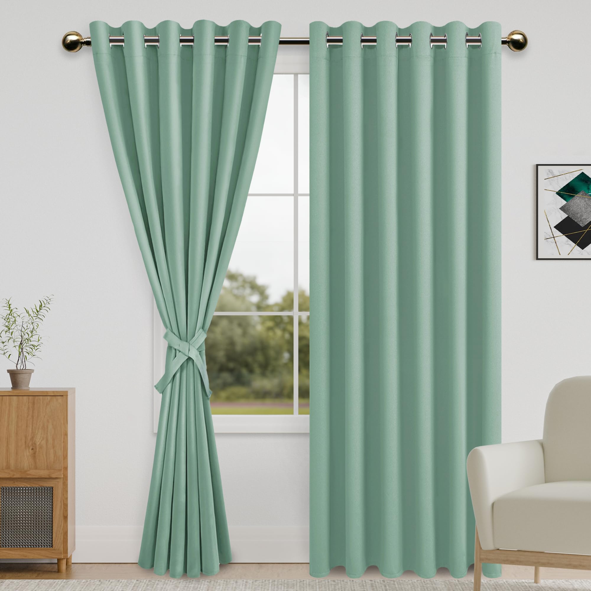 DWCN Blackout Curtains for Bedroom with Tiebacks - Room Darkening Privacy Grommet Top Window Curtains for Living Room, 70 x 84 inch Length,Sage Green,Set of 2 Panels — image 1