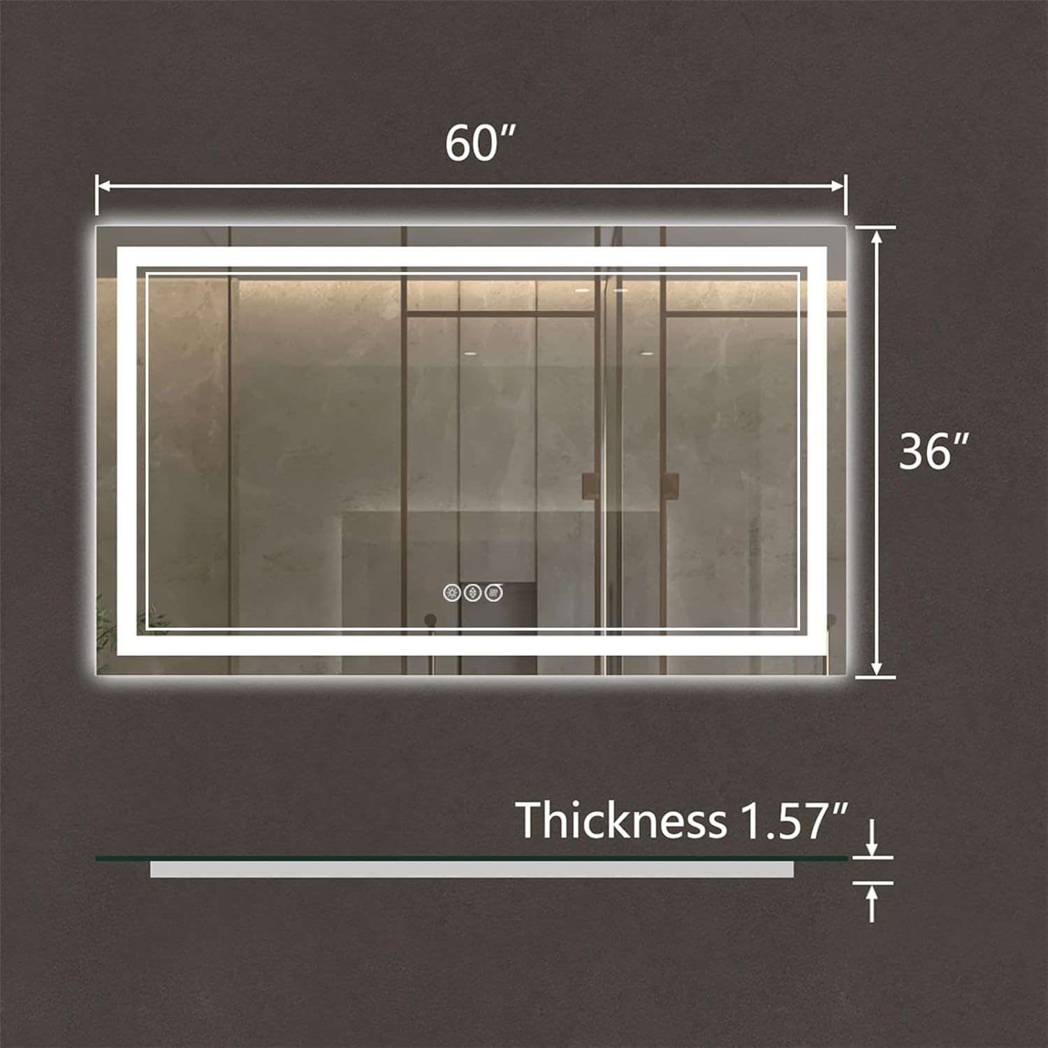 ExBrite 60x36 inch LED mirror dimensions showing 60 inches length, 36 inches width, and 1.57 inches thickness.
