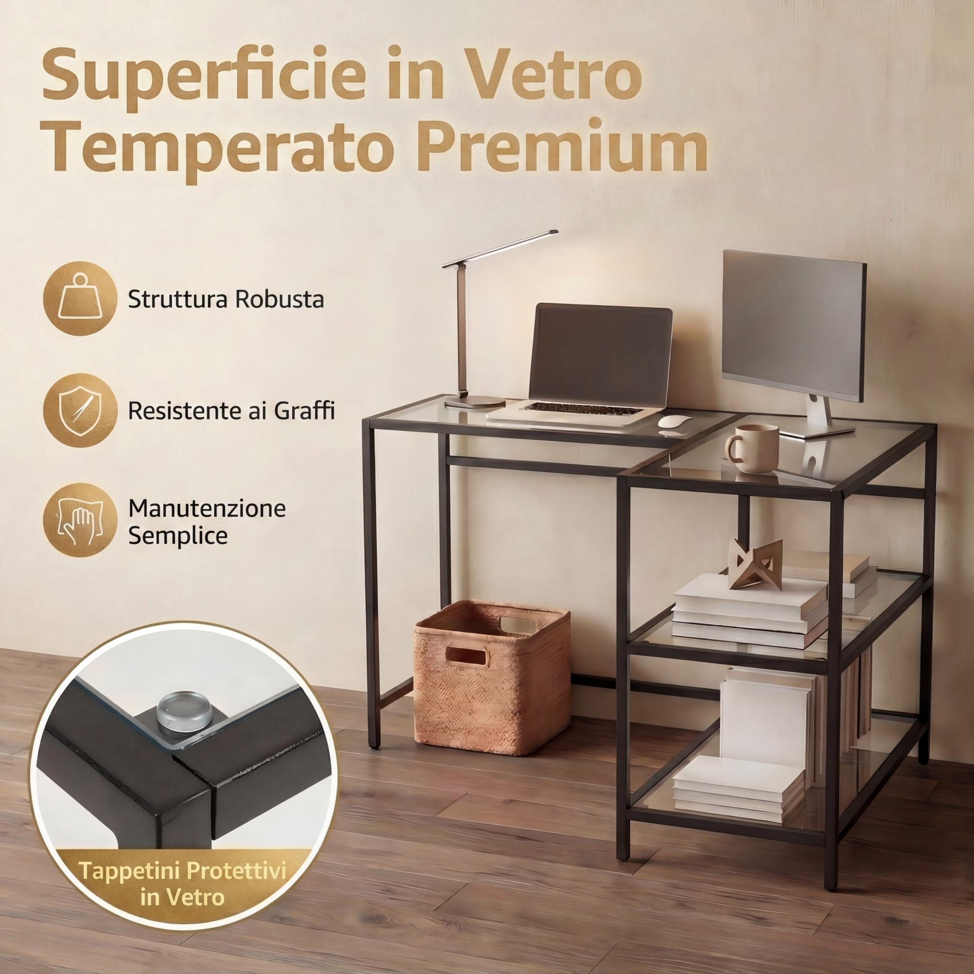 RELAX4LIFE Scrivania in Vetro Temperato, Scrivania per Computer con 2 Ripiani Aperti e Struttura in Metallo, Tavolo Consolle Moderno per Soggiorno, Ufficio e Studio, 106 x 51 x 77,5 cm (Nero)