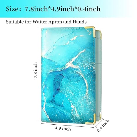 Server Book, Cute Server Books for Waitress, Waiter Receipt Book, PU Leather Waitress Book with Zipper Pocket, Waitress Accessories, Marble Blue