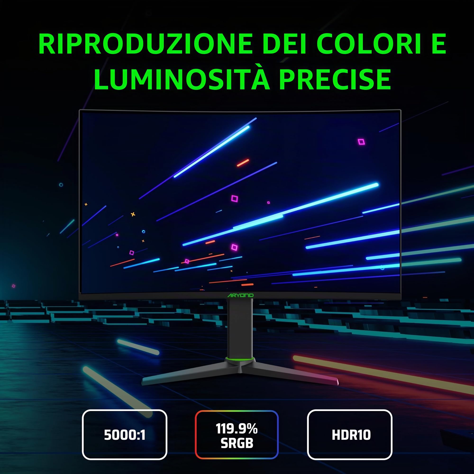 Aryond Monitor curvo da gioco A27 V2 | Display QHD curvo da 27 pollici a 180 Hz (2560x1440) | Tempo di risposta 1ms | HDR 10| FreeSync - G Sync 119,9% ​​| SRGB | Altoparlanti 2* Ω8 x 2W | Connessione