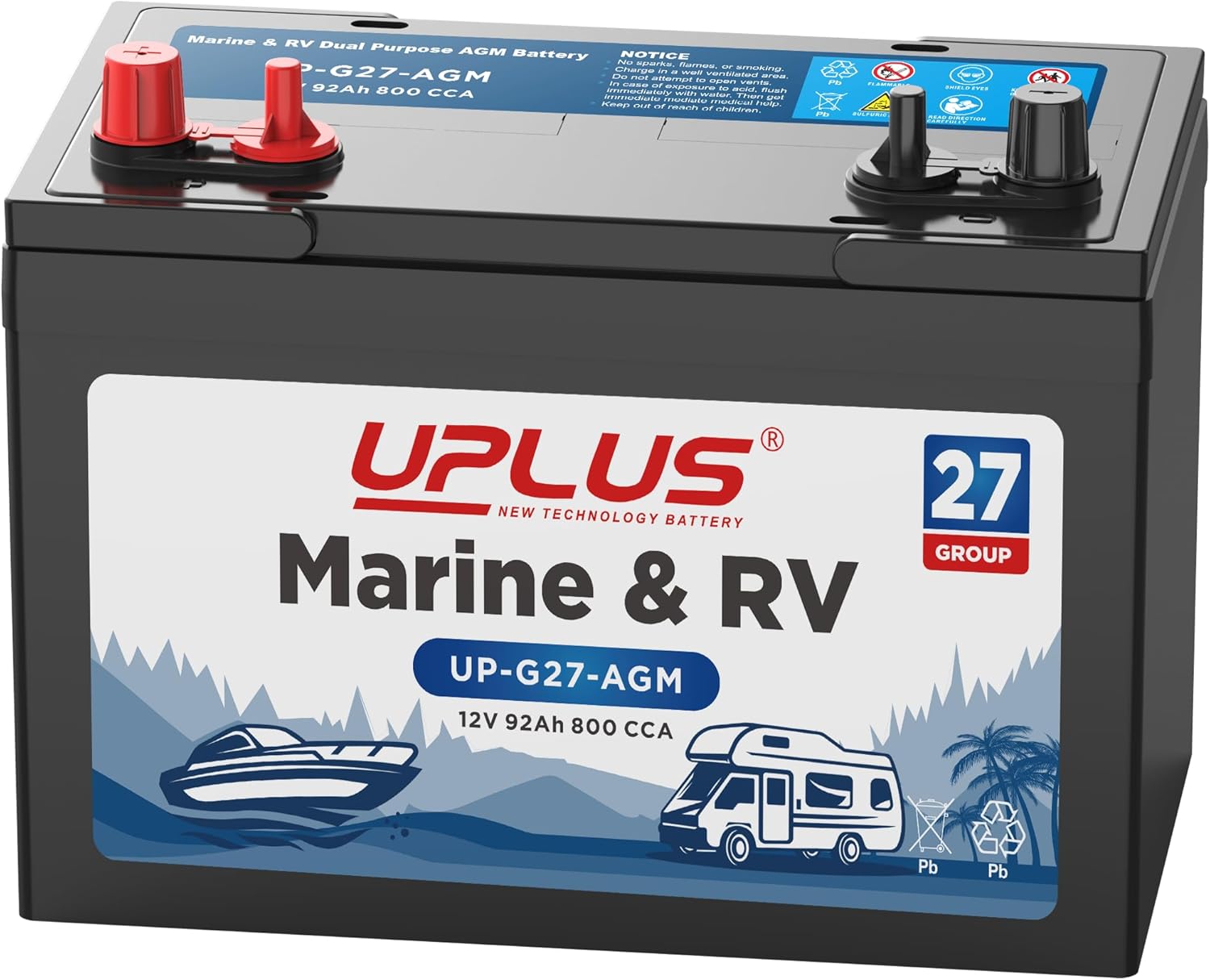 UPLUS BCI Group 27M Dual Purpose Marine Battery, 12V 92Ah 800CCA AGM Starting and Deep Cycle Boat & RV Batteries for Navigation Devices, Lights and Engines