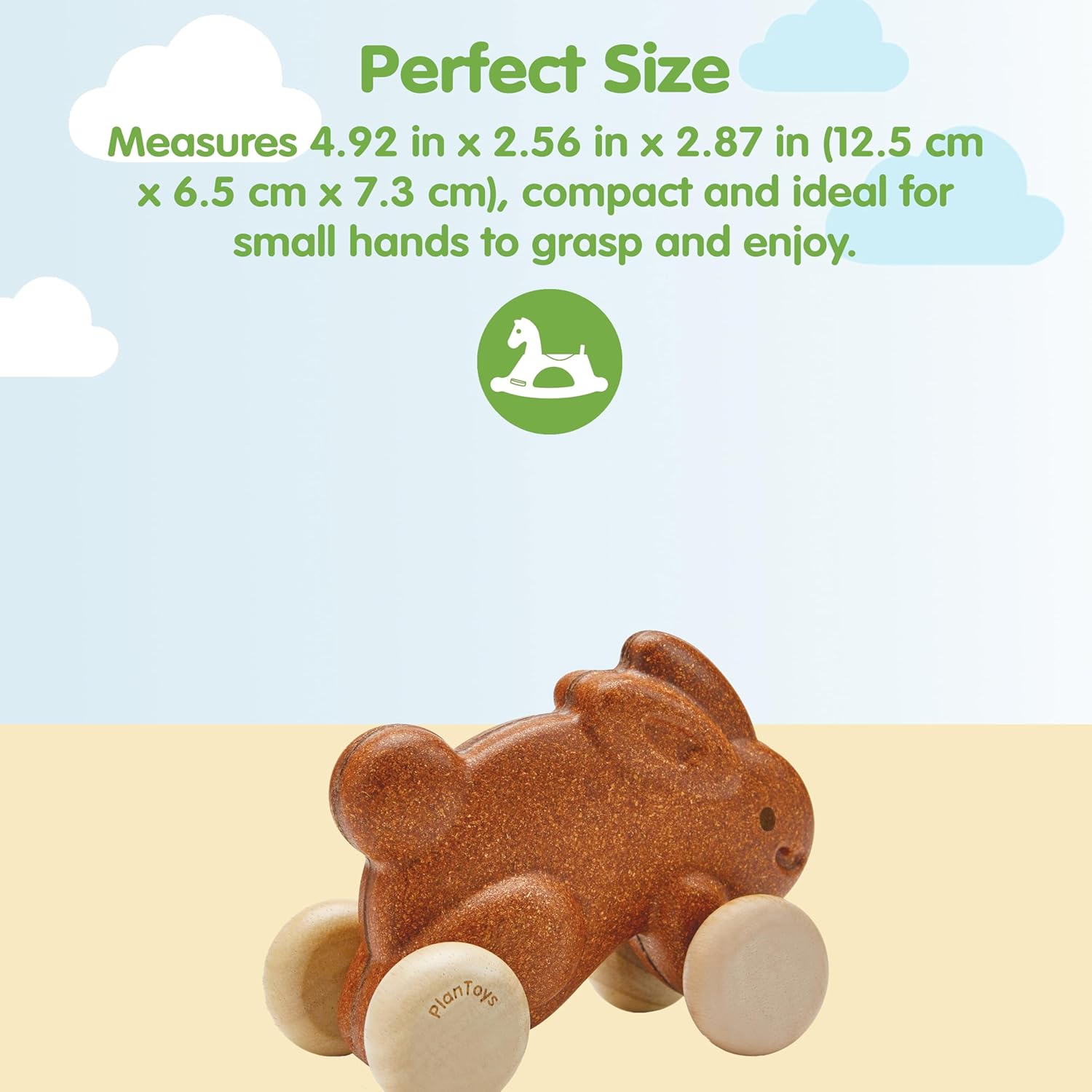 PlanToys® Brown Push Along Bunny Wooden Montessori Movement and Coordination Toy | Gross Motor, Rhythm and Cause & Effect Early Learning Activity | Eco Friendly Push Toy for Active Play