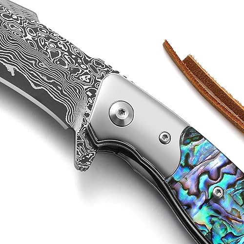 Miniatura 9 de DRACHENADER Cuchillo plegable de gran Damasco para regalo, azul japonés, hecho a mano, de acero de Damasco, cuchillo de bolsillo, cuchillo de