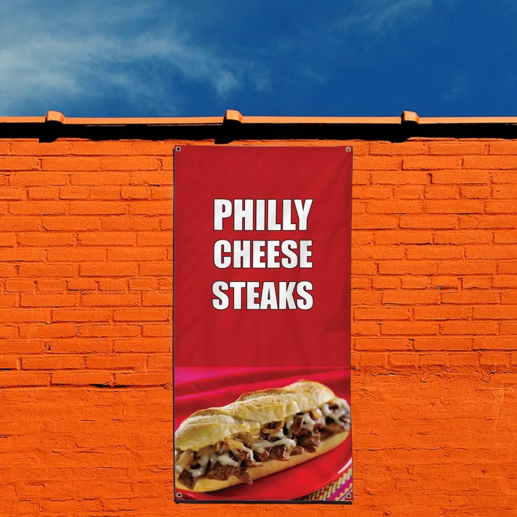 Vertical Vinyl Banner Multiple Sizes Philly Cheese Steak Food and Drink Restaurant and Food Outdoor Weatherproof Industrial Yard Signs 4 Grommets 36x24Inches